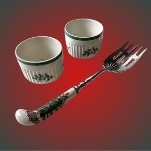 Vintage Spode Christmas Tree serving fork & 2 fluted ramekins festive holiday